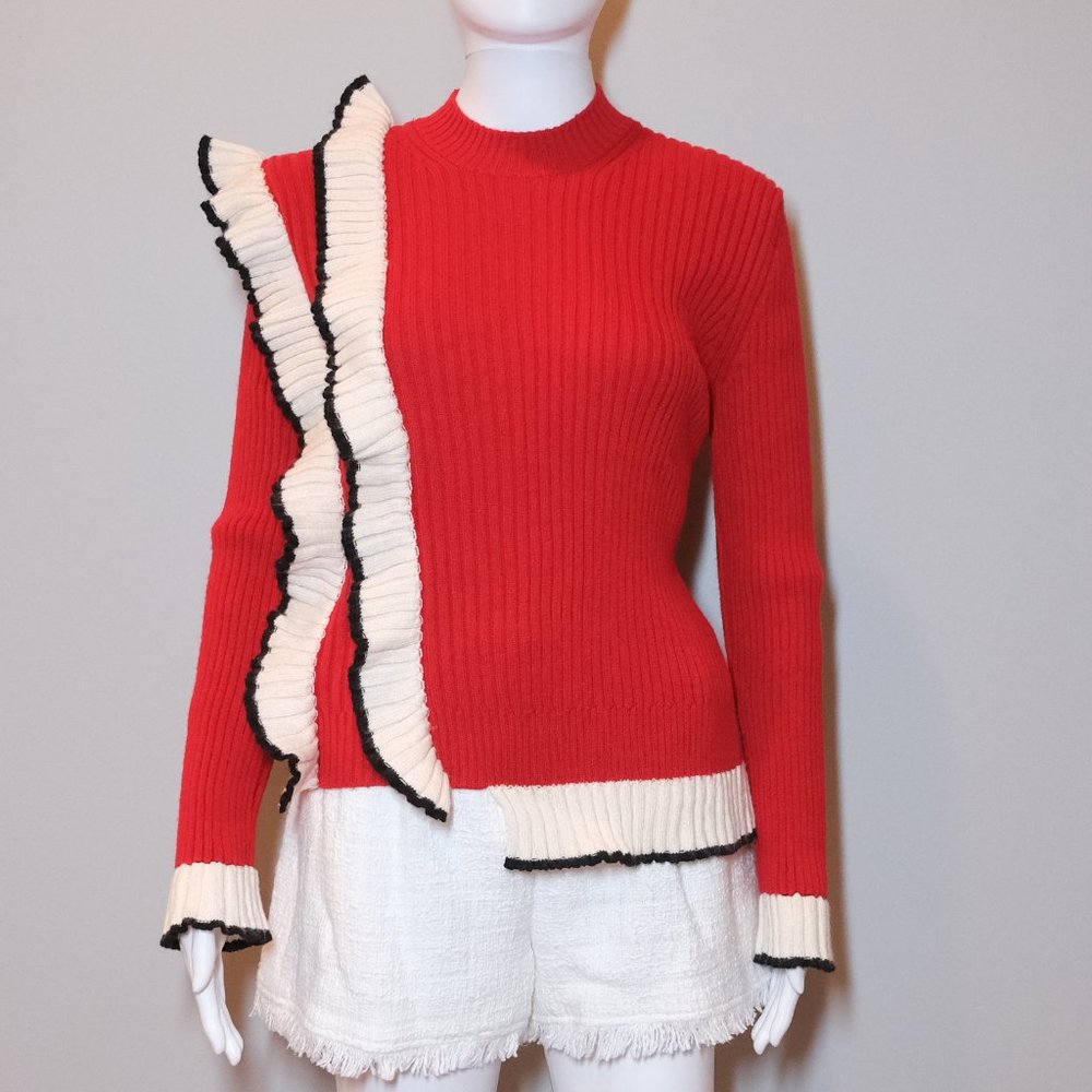 MSGM Red Ruffled Sweater Top